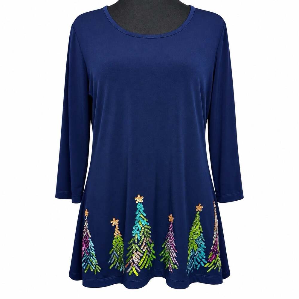 Quacker Factory Jeanne Bice Women’s XS Navy Sequin Christmas Tree Tunic Top
